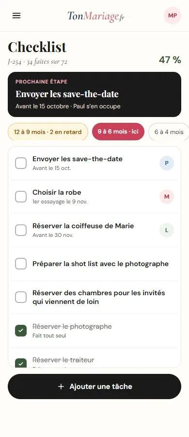 Aperçu de l’outil Checklist mariage sur téléphone