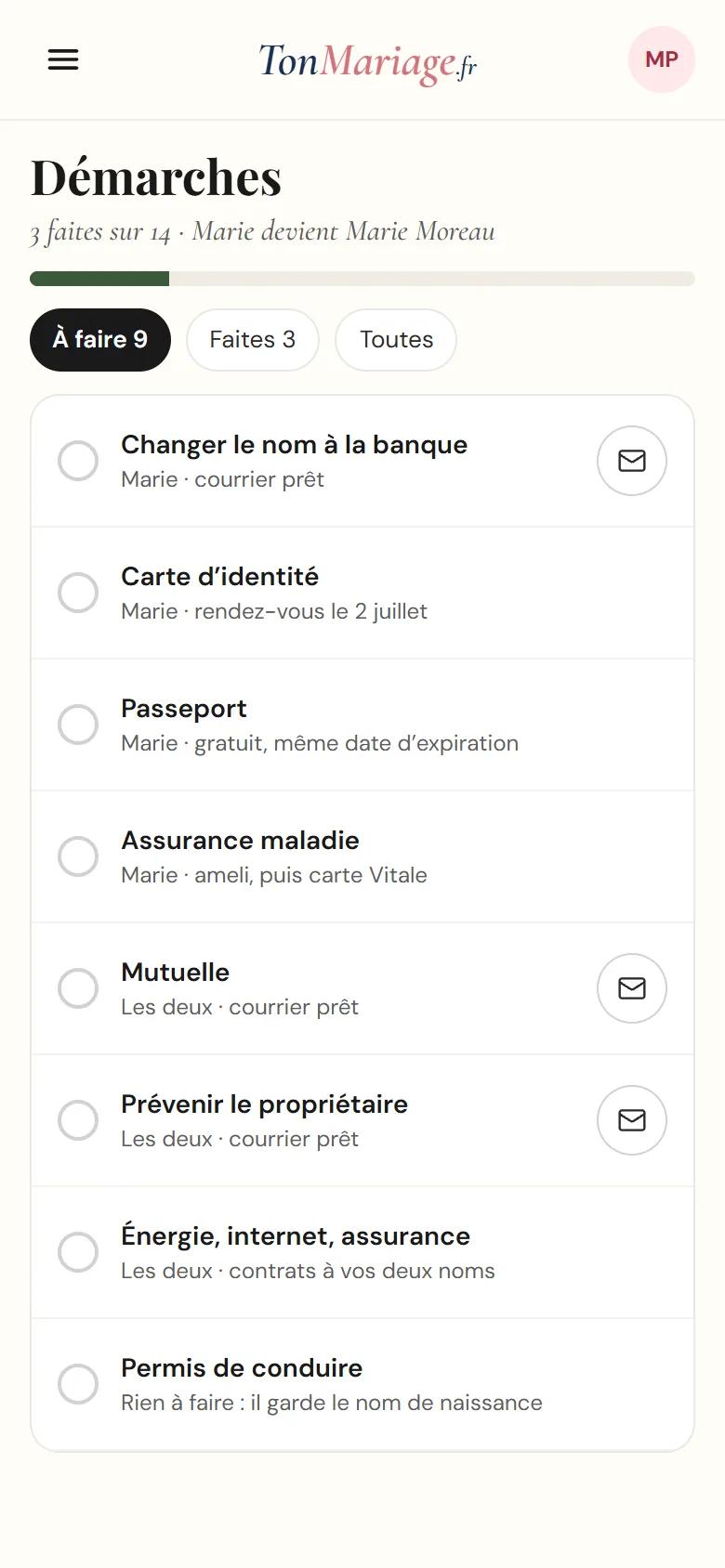 Aperçu de l’outil Démarches après le mariage sur téléphone