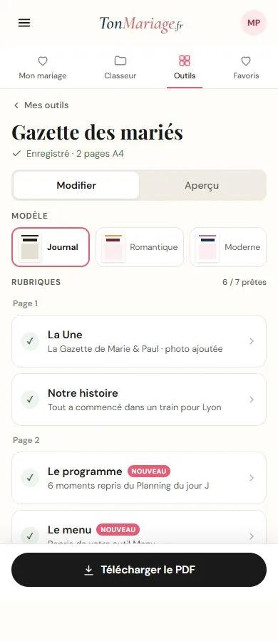 Aperçu de l’outil Gazette des mariés sur téléphone