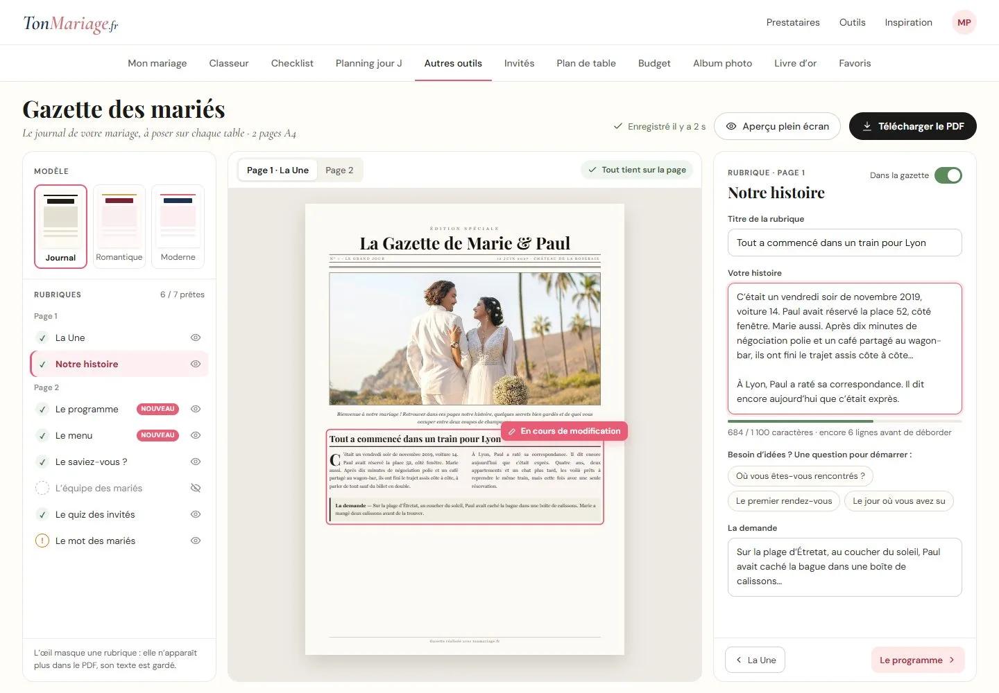 Aperçu de l’outil Gazette des mariés sur ordinateur