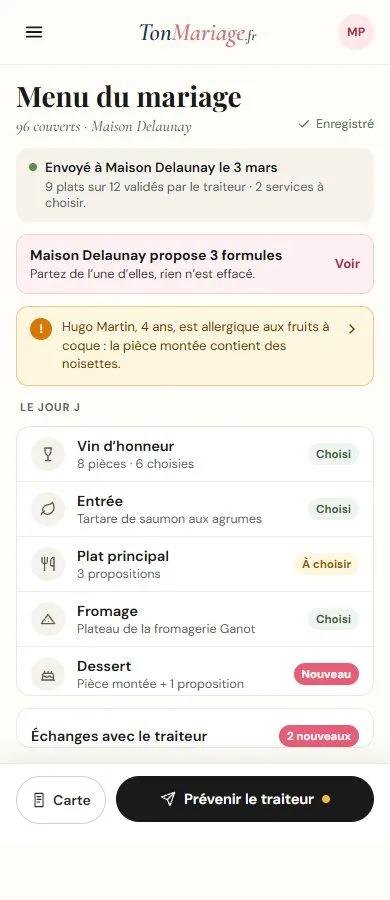 Aperçu de l’outil Menu de mariage sur téléphone