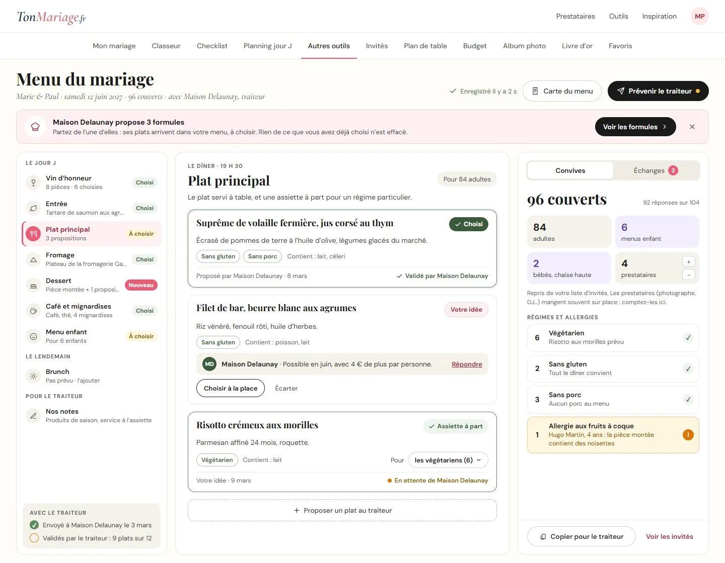 Aperçu de l’outil Menu de mariage sur ordinateur