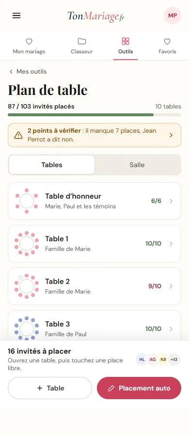 Aperçu de l’outil Plan de table sur téléphone