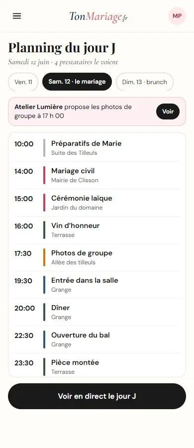 Aperçu de l’outil Planning du jour J sur téléphone