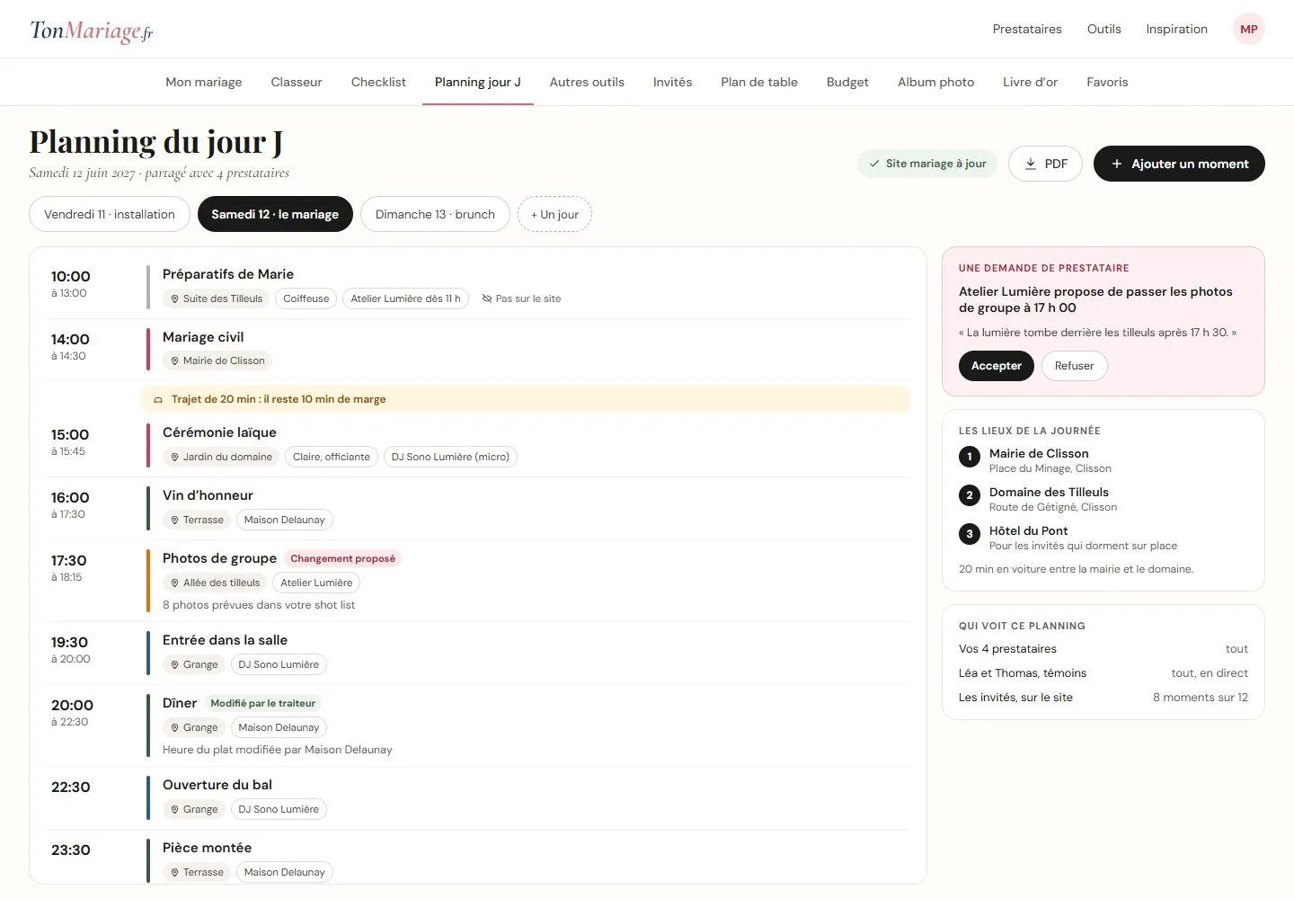 Aperçu de l’outil Planning du jour J sur ordinateur