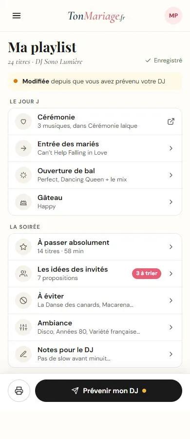 Aperçu de l’outil Playlist mariage sur téléphone