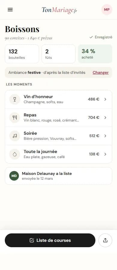 Aperçu de l’outil Boissons du mariage sur téléphone