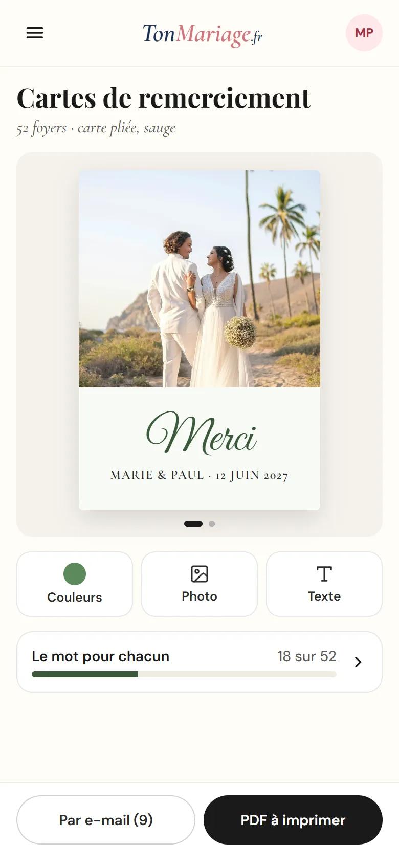Aperçu de l’outil Cartes de remerciement sur téléphone