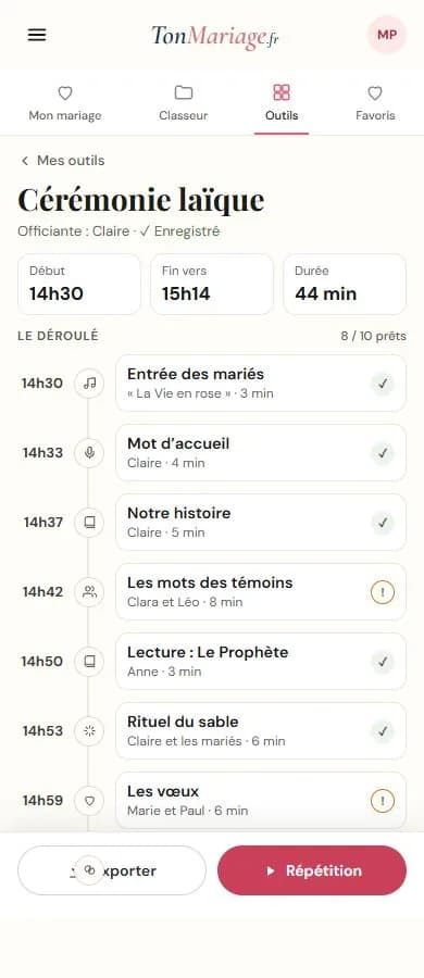 Aperçu de l’outil Cérémonie laïque sur téléphone