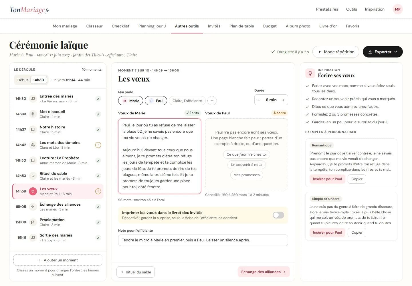 Aperçu de l’outil Cérémonie laïque sur ordinateur