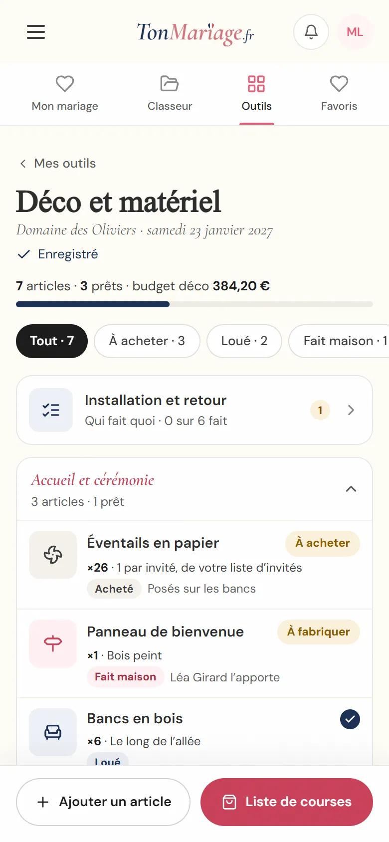 Aperçu de l’outil Déco et matériel sur téléphone