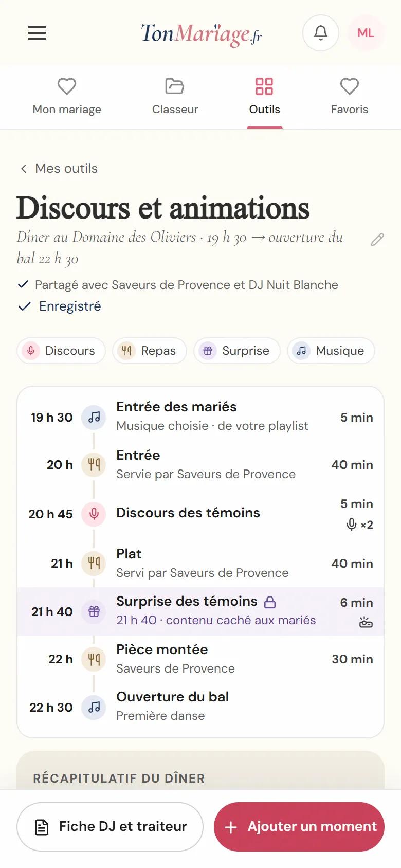 Aperçu de l’outil Discours et animations sur téléphone