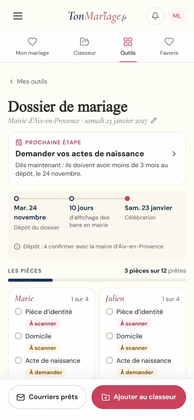 Aperçu de l’outil Dossier de mariage civil sur téléphone