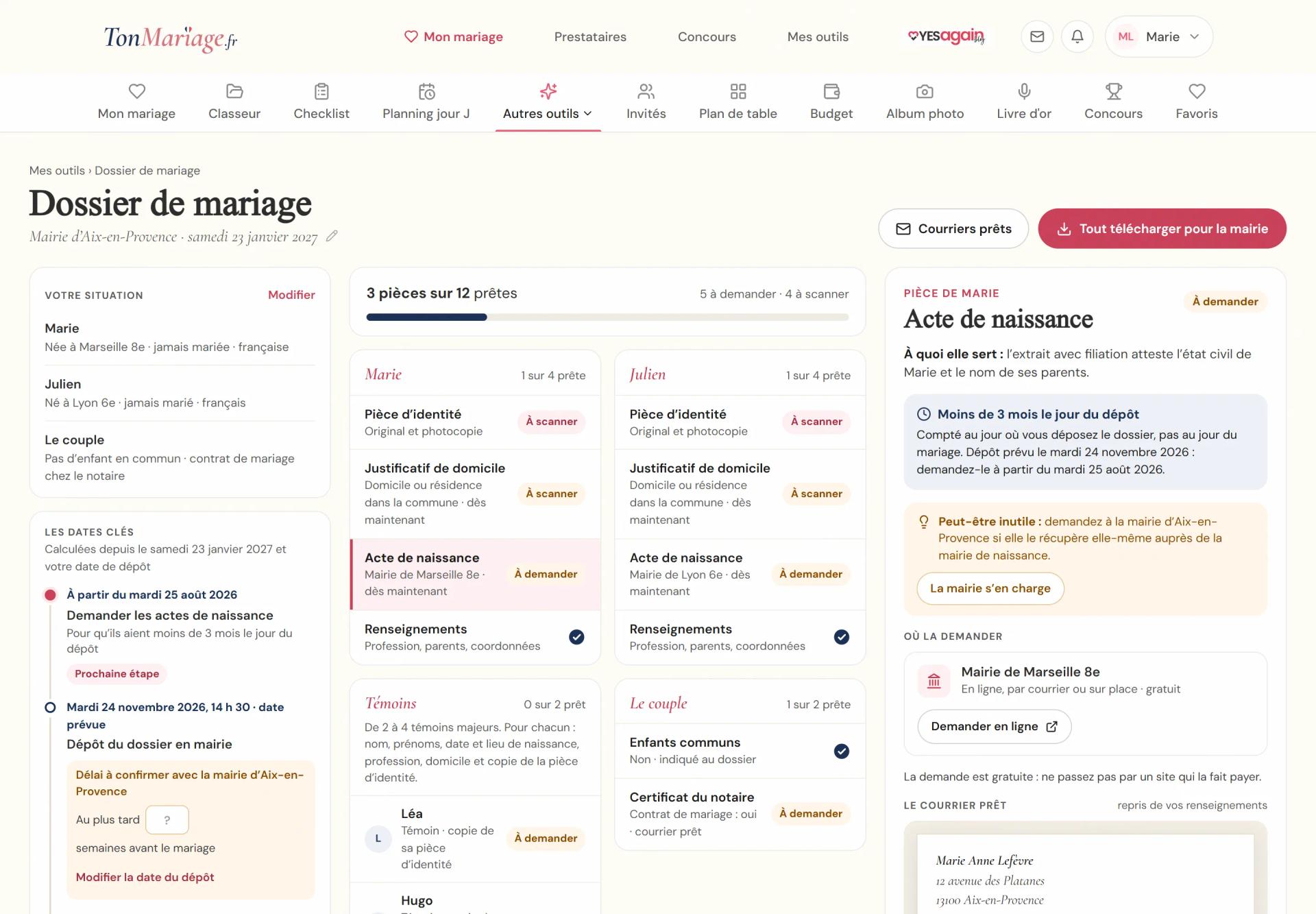 Aperçu de l’outil Dossier de mariage civil sur ordinateur