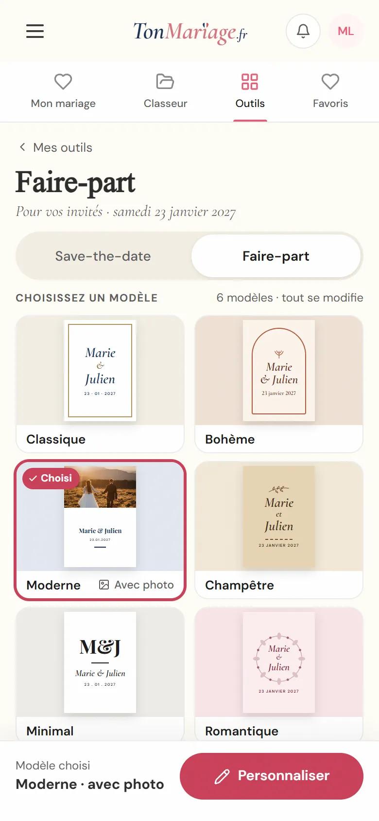 Aperçu de l’outil Faire-part et save-the-date sur téléphone