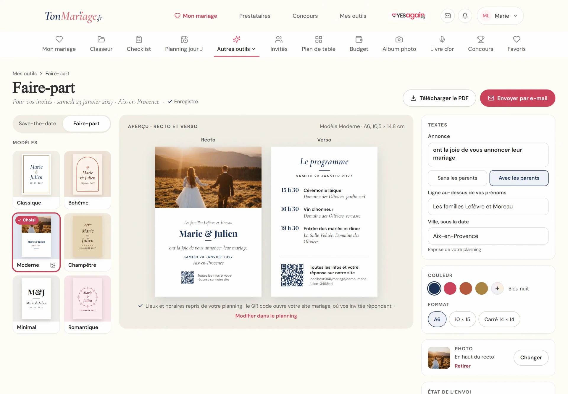 Aperçu de l’outil Faire-part et save-the-date sur ordinateur