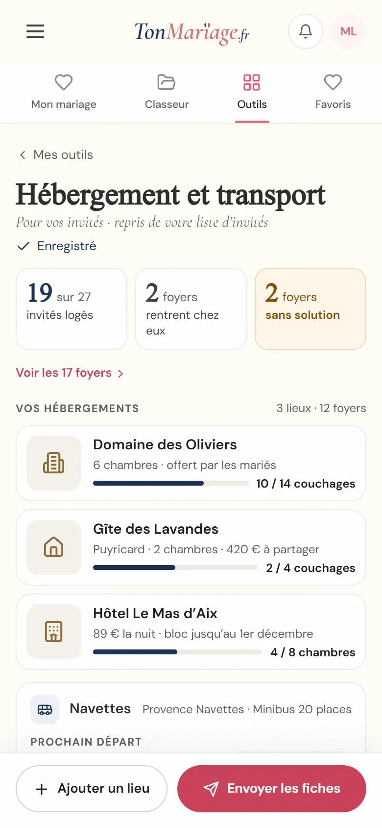 Aperçu de l’outil Hébergement et transport sur téléphone