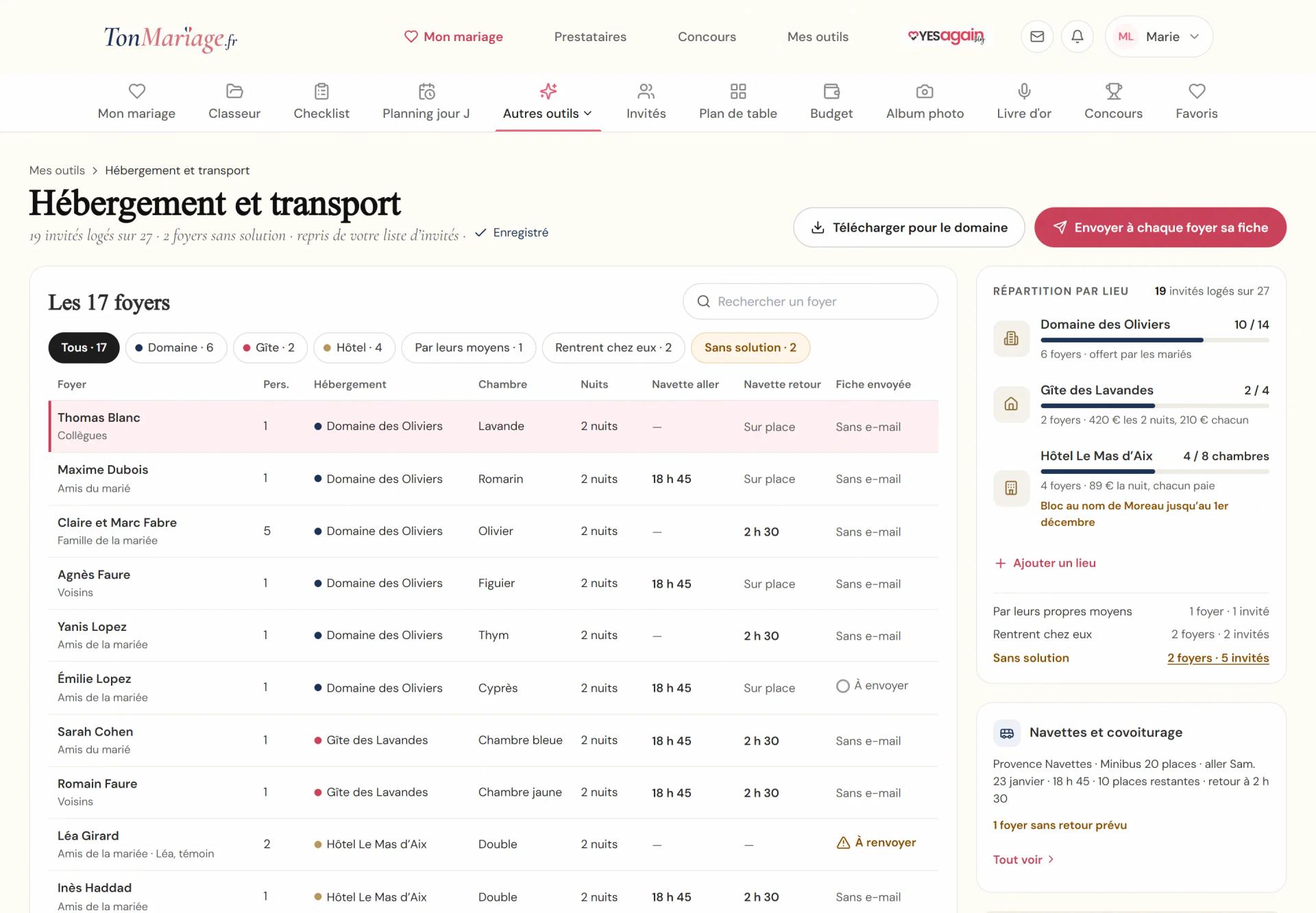 Aperçu de l’outil Hébergement et transport sur ordinateur