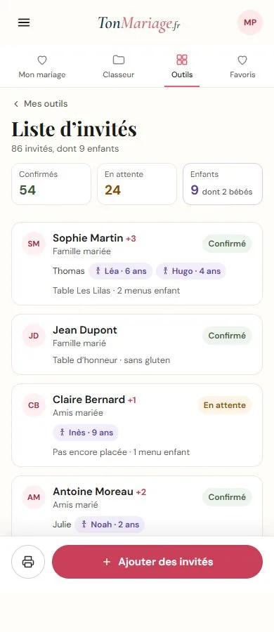 Aperçu de l’outil Liste d'invités sur téléphone