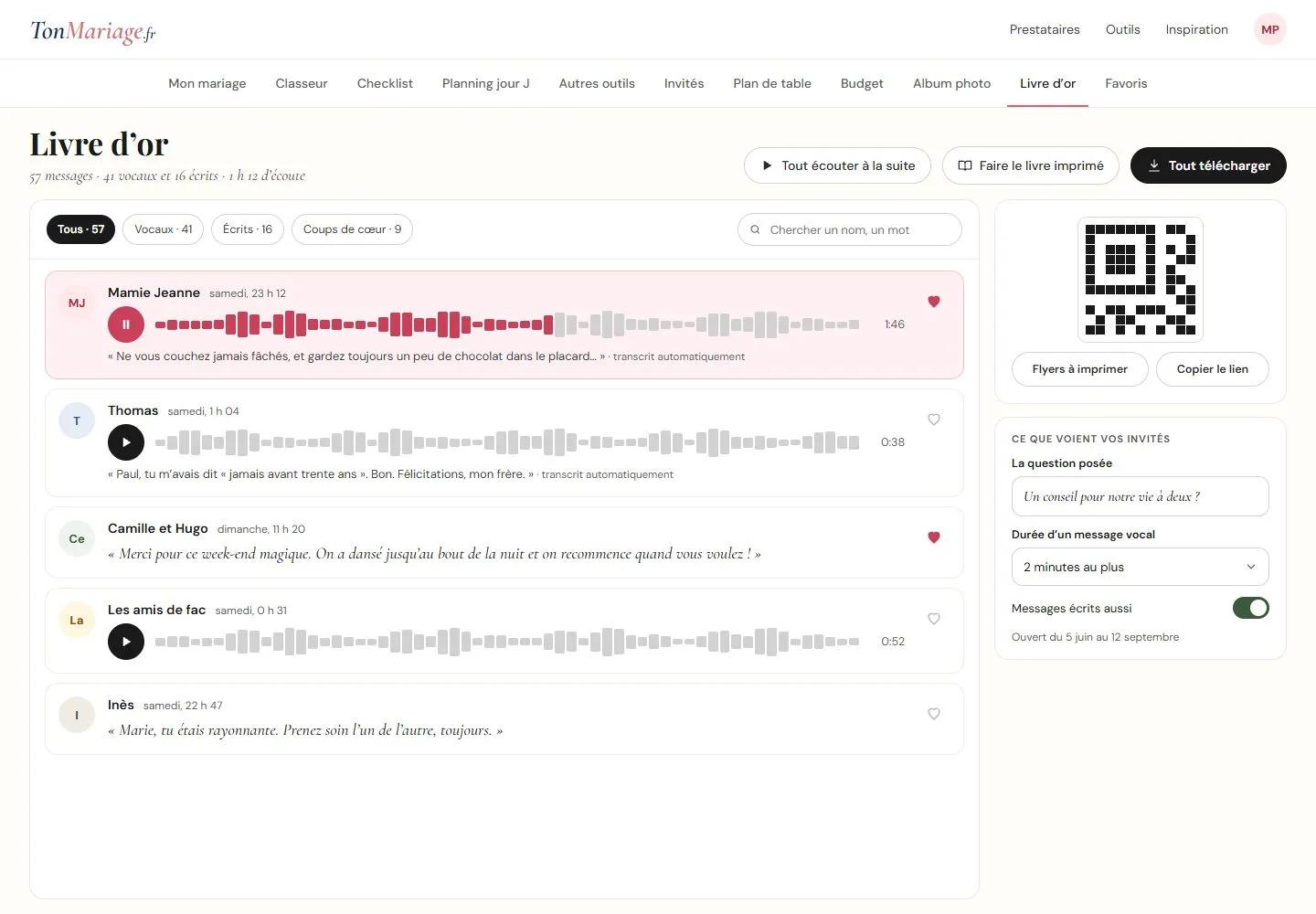 Aperçu de l’outil Livre d'or audio sur ordinateur