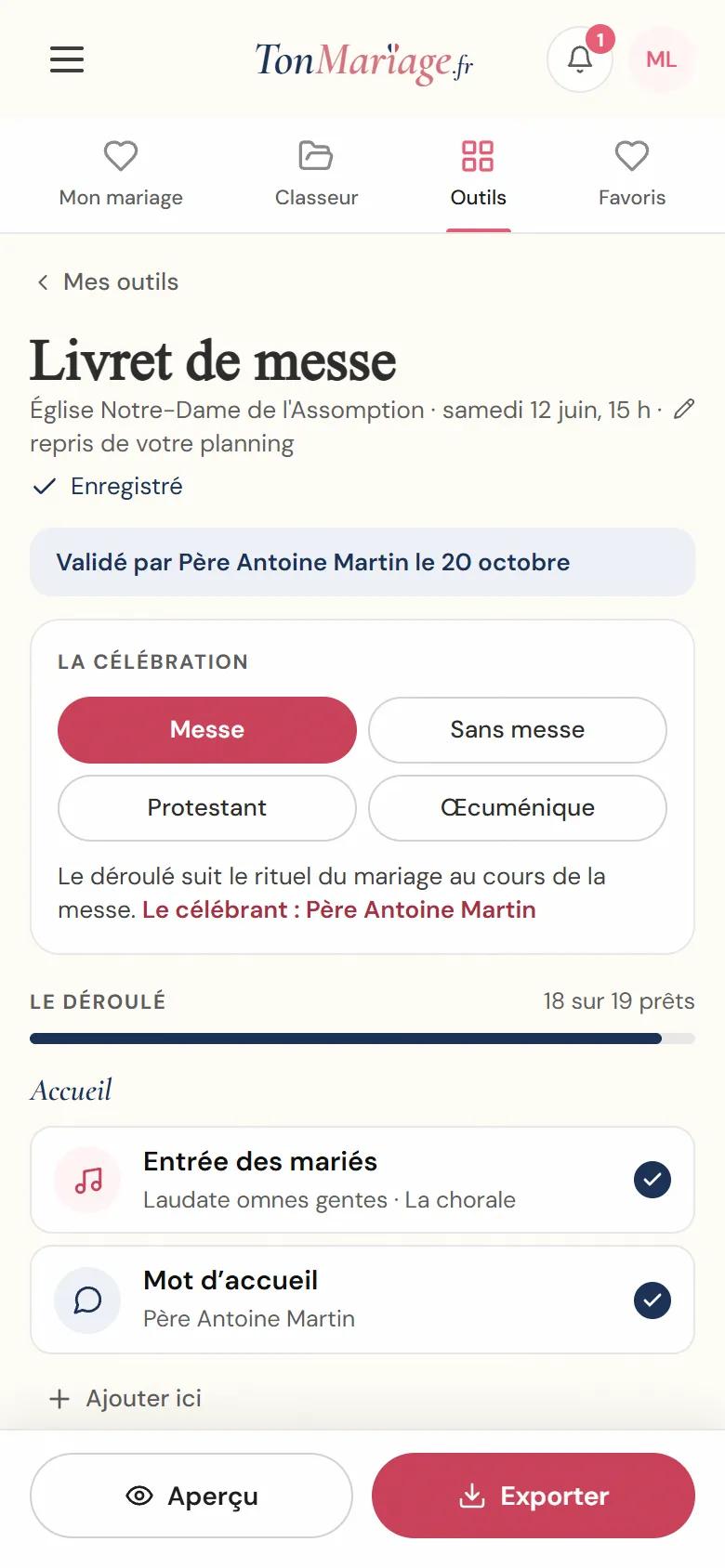Aperçu de l’outil Livret de messe sur téléphone