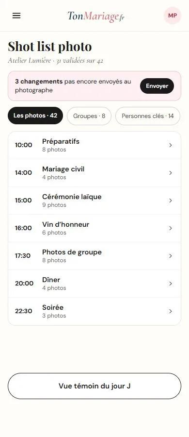Aperçu de l’outil Photos du mariage sur téléphone