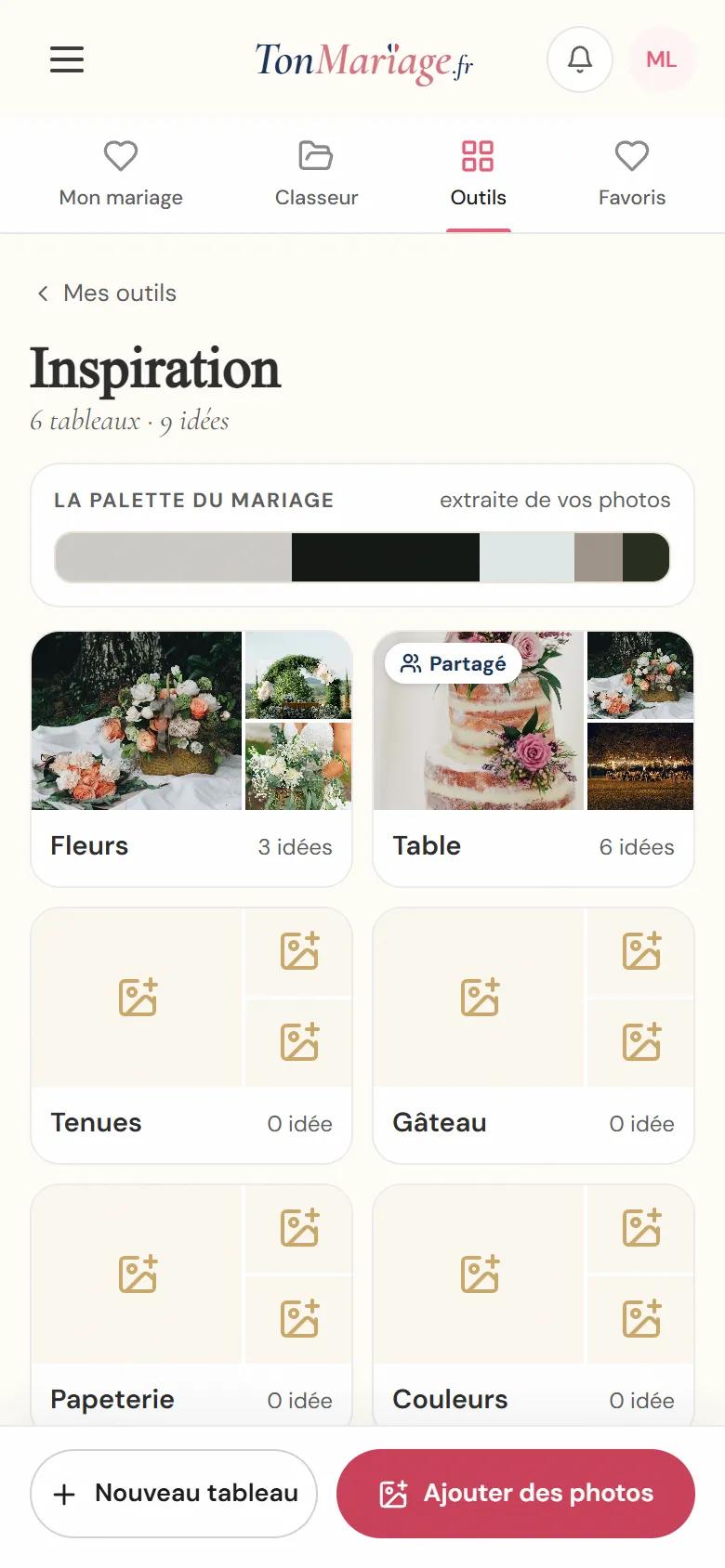 Aperçu de l’outil Tableau d'inspiration sur téléphone