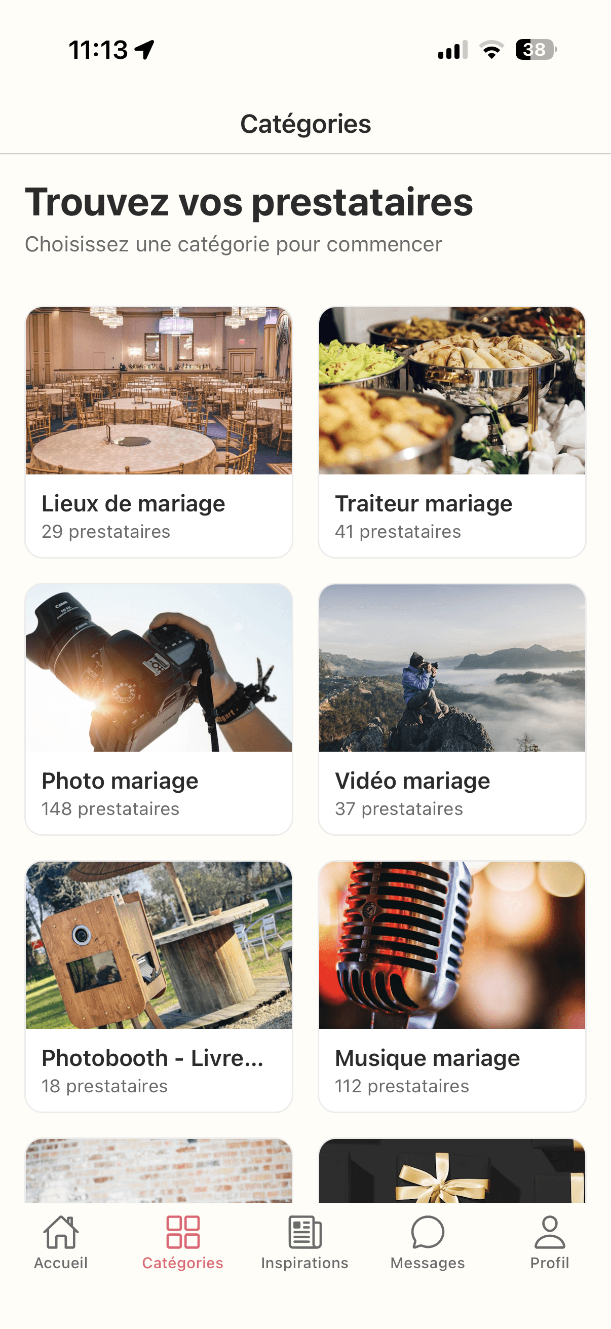 App TonMariage.fr — page Catégories